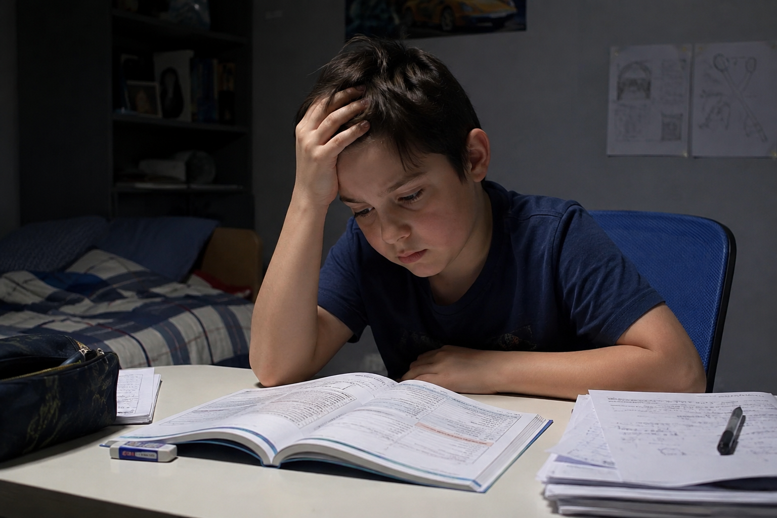 A boy resting his head on his hand, looking discouraged over an open textbook and a pile of worksheets